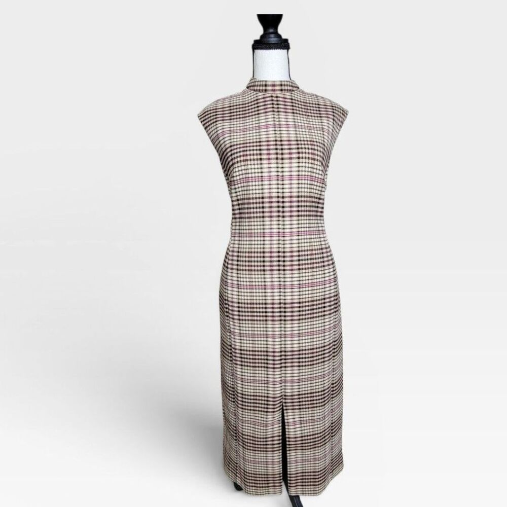 Ann Taylor Size 8 Plaid Midi Sleeveless Burgundy Tan A-Line Lined Office Dress